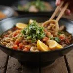 Final presentation of Marvel Shang-Chi's Ten Rings Noodle Bowl, showcasing vibrant noodles and fresh toppings.
