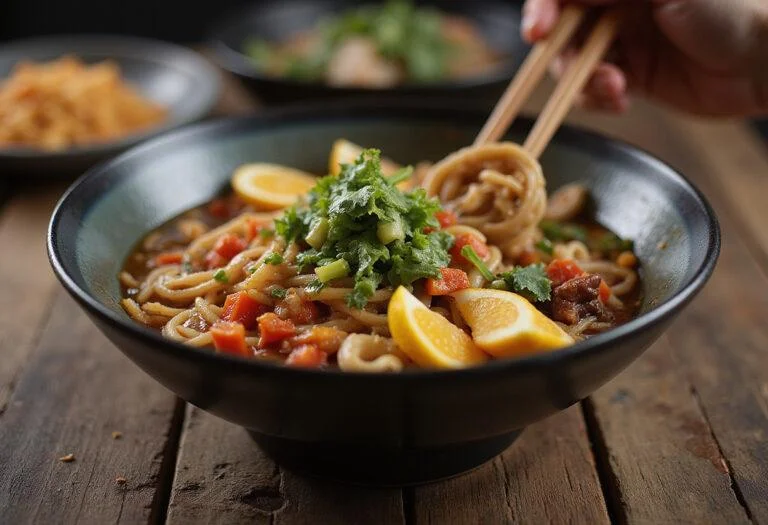 Final presentation of Marvel Shang-Chi's Ten Rings Noodle Bowl, showcasing vibrant noodles and fresh toppings.