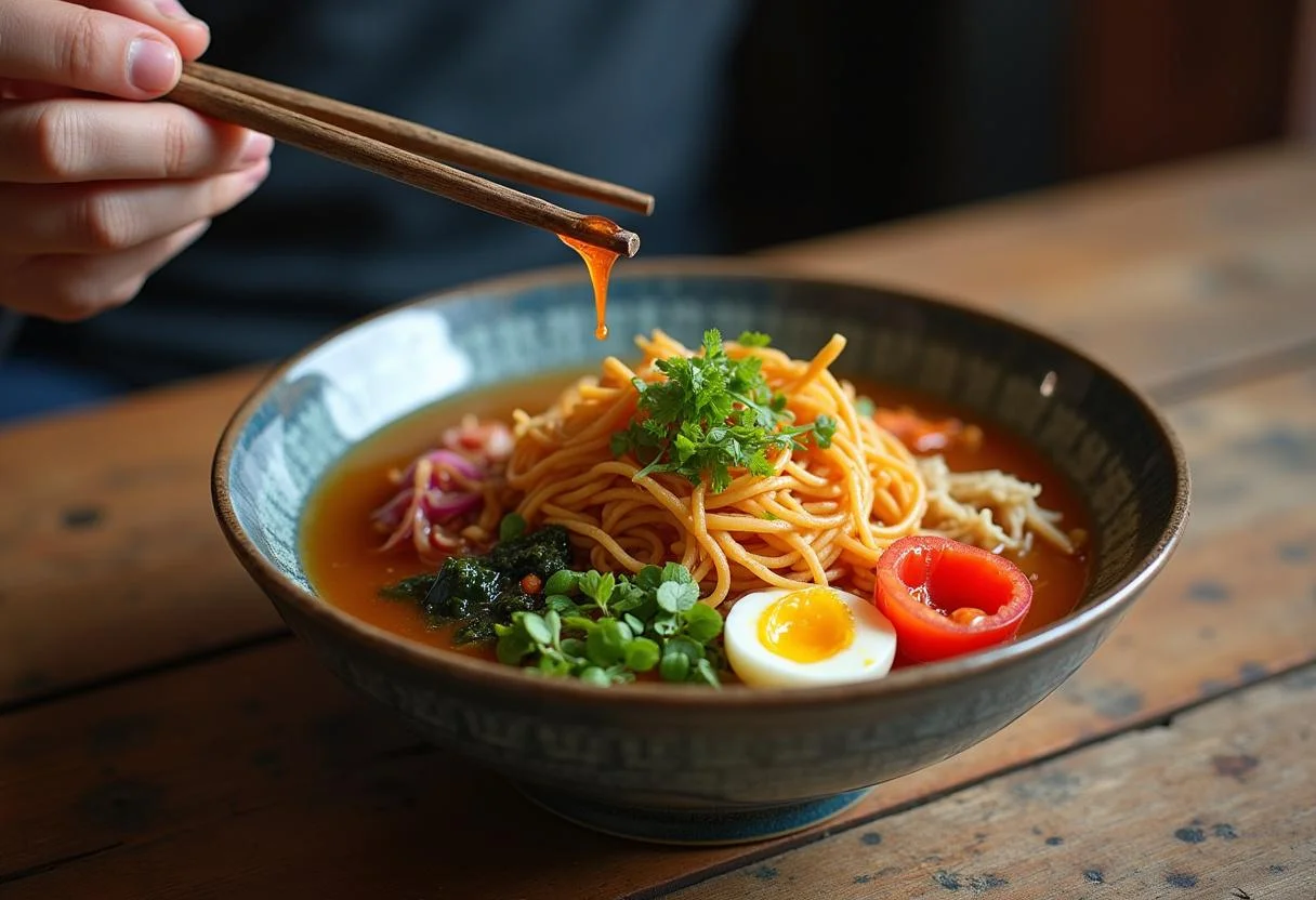 Final presentation of Marvel Shang-Chi's Ten Rings Noodle Bowl, showcasing vibrant noodles and fresh toppings.