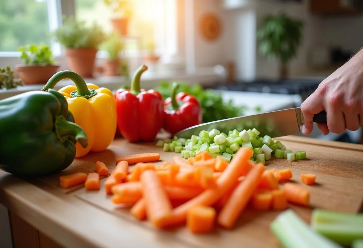 Fresh vegetables preparation for Marvel Shang-Chi's Ten Rings Noodle Bowl packed with bell peppers and carrots.