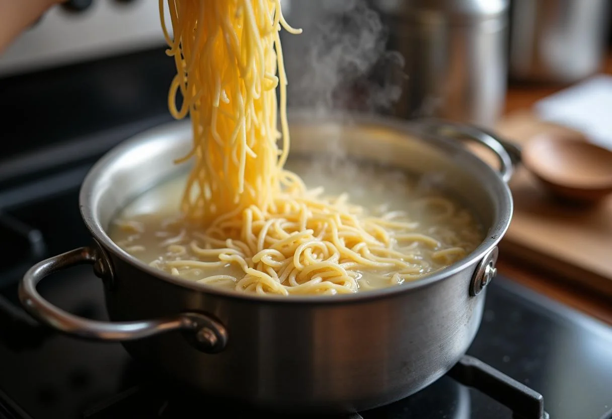 Cooking noodles for Marvel Shang-Chi's Ten Rings Noodle Bowl in boiling water, illustrating the perfect noodle preparation.
