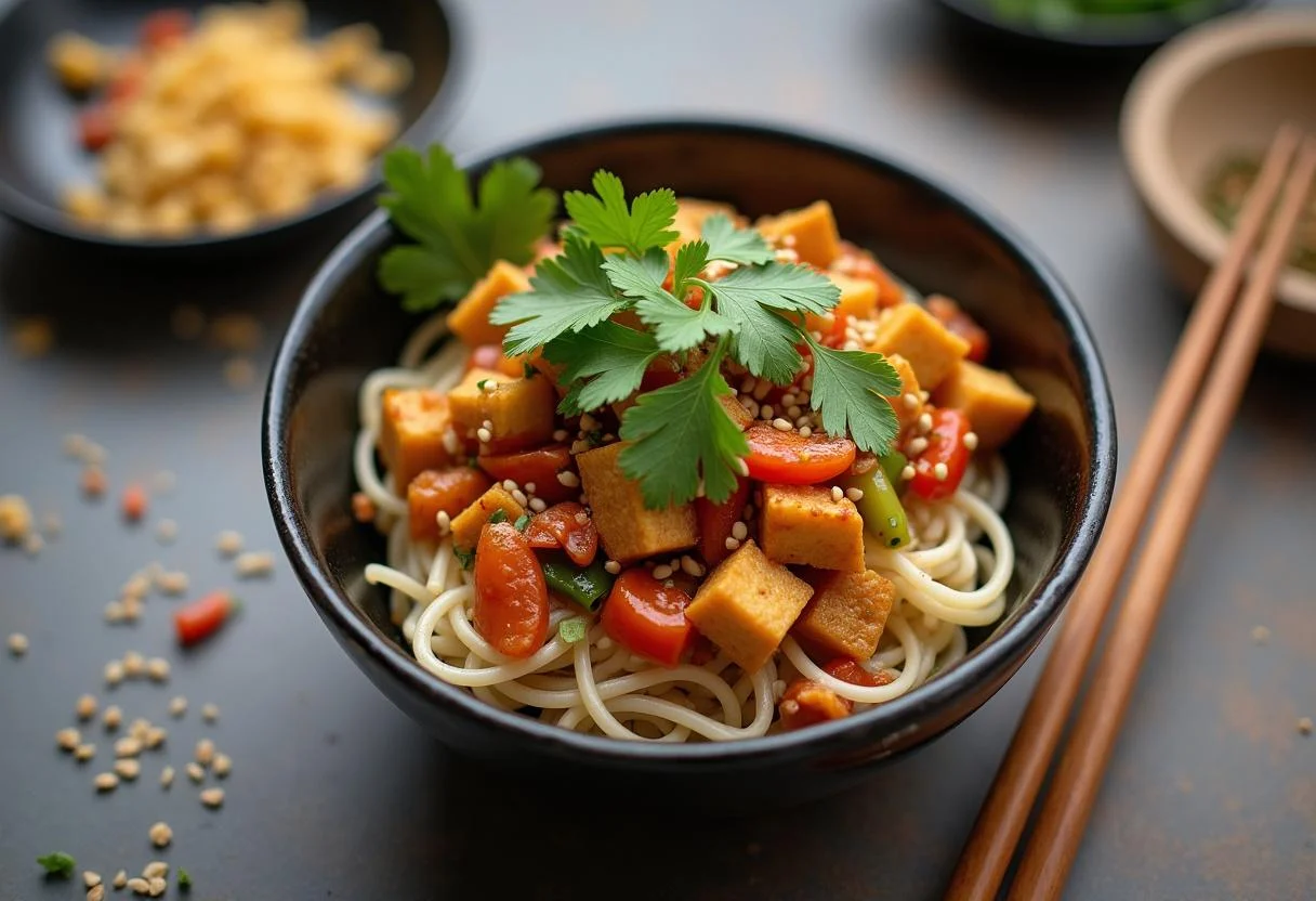 Assembling Marvel Shang-Chi's Ten Rings Noodle Bowl with delicious noodles and vibrant toppings.