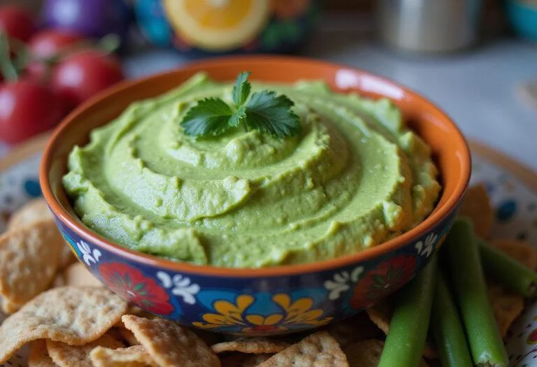 Final presentation of Marvel She-Hulk's Gamma Green Goddess Dip, showcasing the vibrant colors and appetizing appearance, perfect for any gathering.