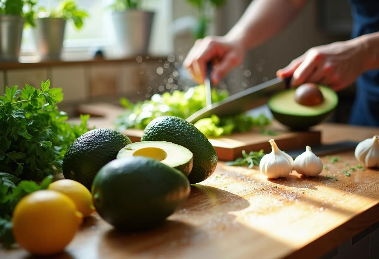 Fresh ingredients for Marvel She-Hulk's Gamma Green Goddess Dip including avocados, herbs, and garlic being prepared.