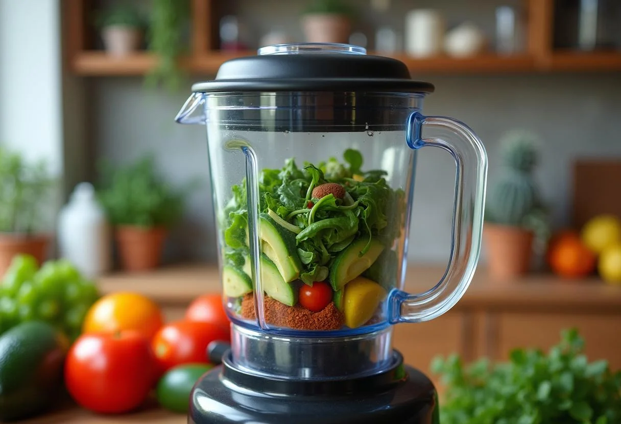 Blending ingredients for Marvel She-Hulk's Gamma Green Goddess Dip in a bright kitchen, showcasing vibrant colors ready to be mixed.