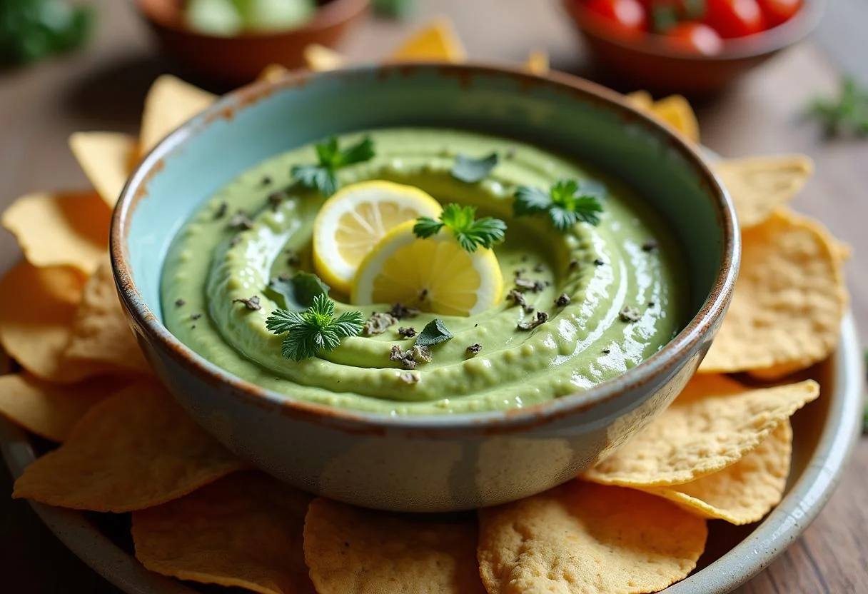 Marvel She-Hulk's Gamma Green Goddess Dip displayed in a bowl with garnishes, perfect for sharing with chips in a cozy setting.