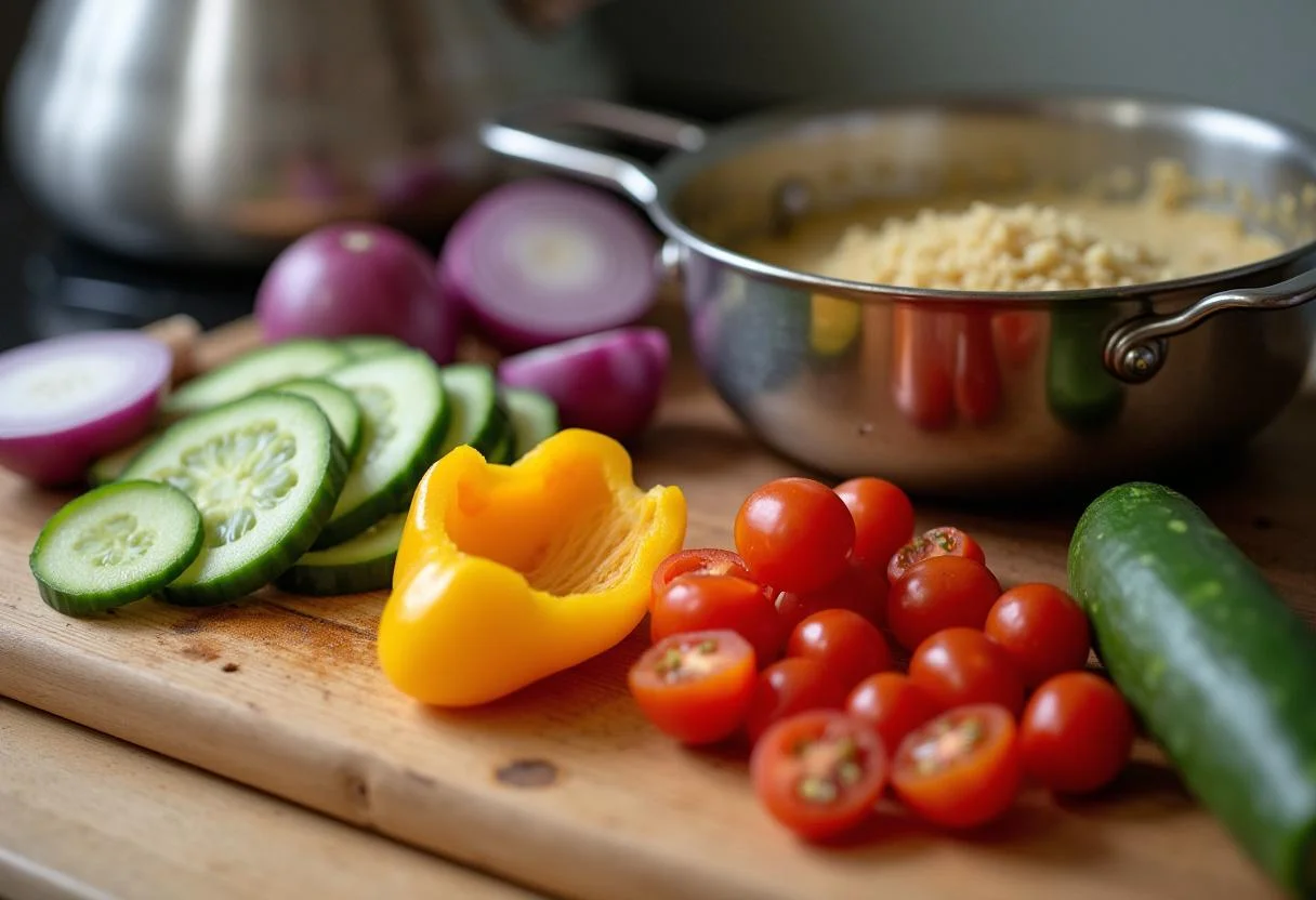 Marvel Silver Surfer's Cosmic Quinoa Salad preparation with colorful chopped vegetables and cooking quinoa.