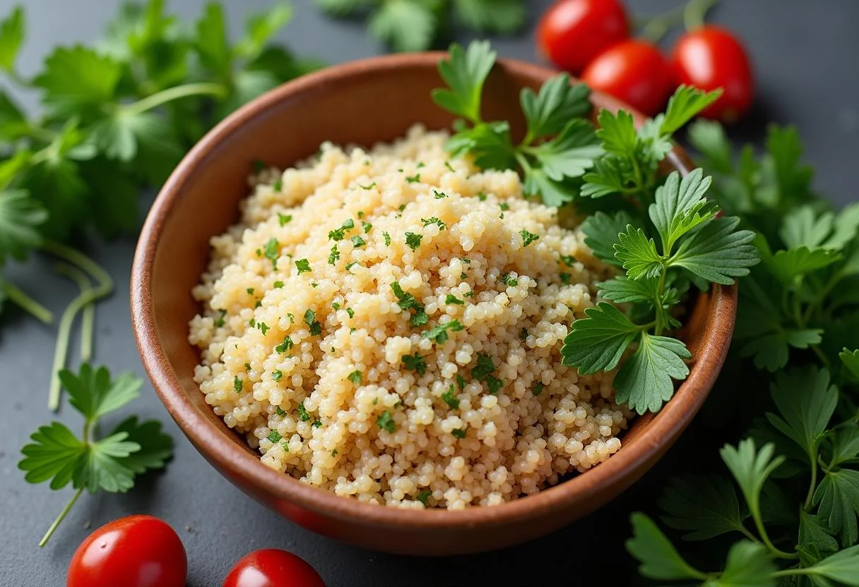 Fresh ingredients being combined for Marvel Silver Surfer's Cosmic Quinoa Salad featuring cooked quinoa and vibrant herbs.