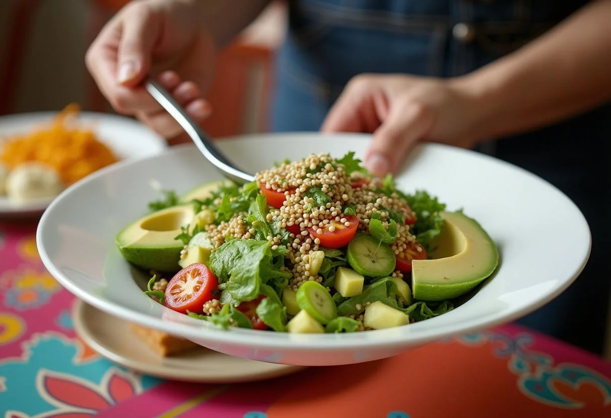 Plating the colorful Marvel Silver Surfer's Cosmic Quinoa Salad with garnishes for a stunning presentation.