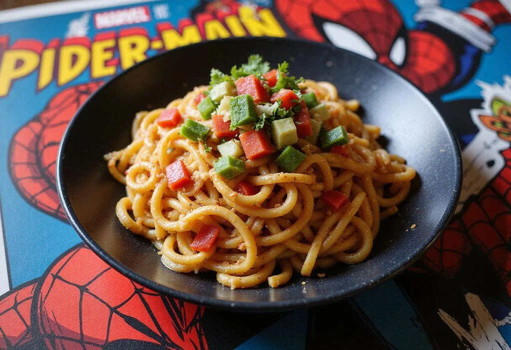 Overhead view of Marvel Spider-Man Web Slinger Noodles, highlighting the colorful presentation and comic-themed inspiration.