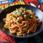 Overhead view of Marvel Spider-Man Web Slinger Noodles, highlighting the colorful presentation and comic-themed inspiration.