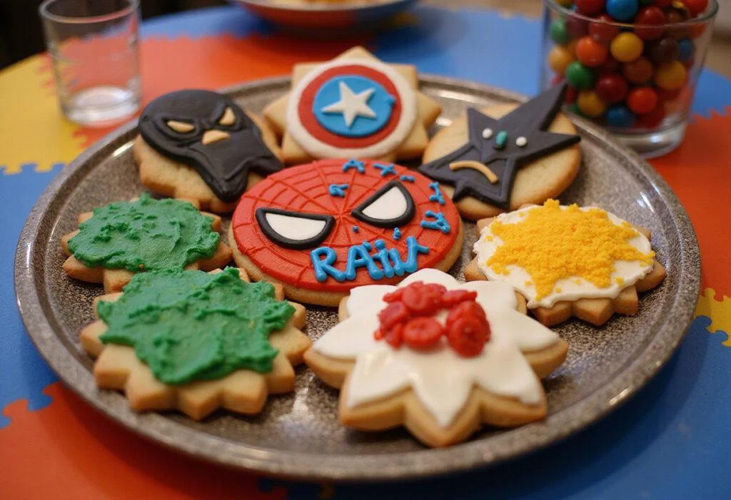 A stunning Marvel The Collector's Curated Cookie Platter, beautifully decorated cookies representing Marvel characters, ready to be served.