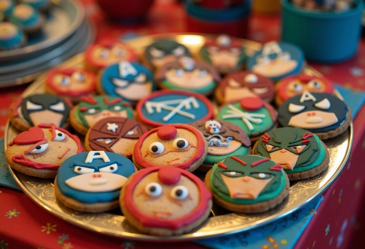 A stunning Marvel The Collector's Curated Cookie Platter, beautifully decorated cookies representing Marvel characters, ready to be served.