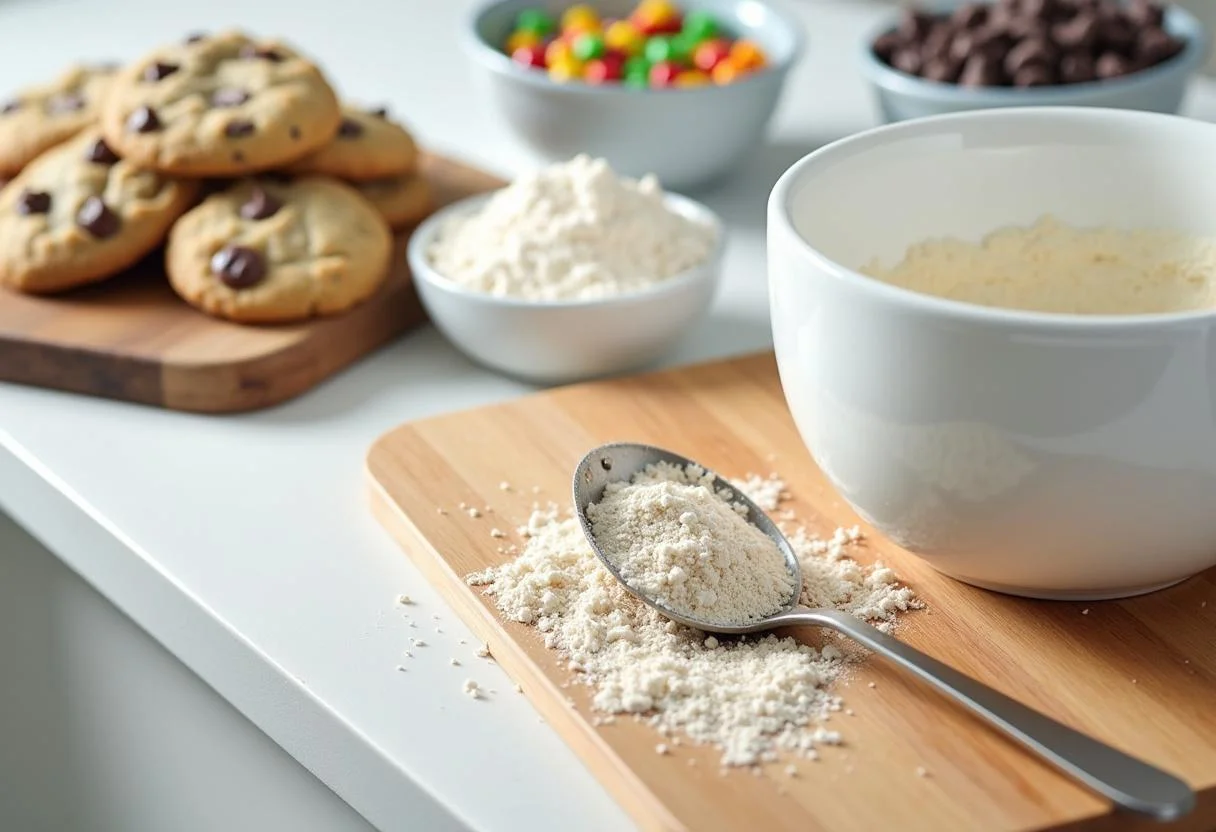 Ingredients for Marvel The Collector's Curated Cookie Platter, including flour, sugar, chocolate chips, and candies on a kitchen counter.