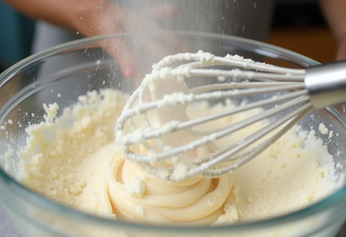 Mixing dry ingredients for Marvel The Collector's Curated Cookie Platter, showcasing a fluffy mixture with flour and sugar in a bowl.