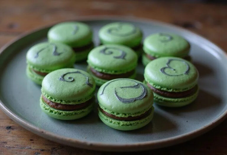 Final presentation of Marvel Vision's Mind Stone Macarons on a rustic table, showcasing their unique design and flavor.