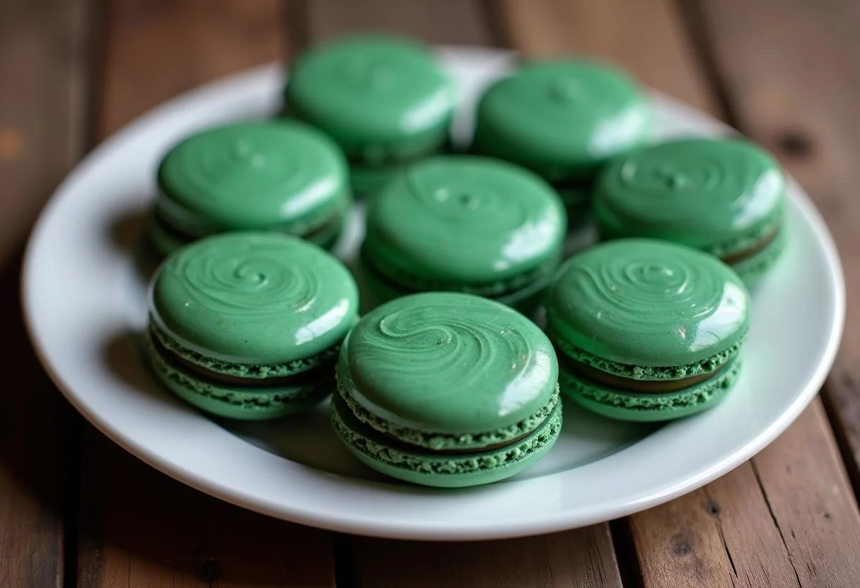 Final presentation of Marvel Vision's Mind Stone Macarons on a rustic table, showcasing their unique design and flavor.