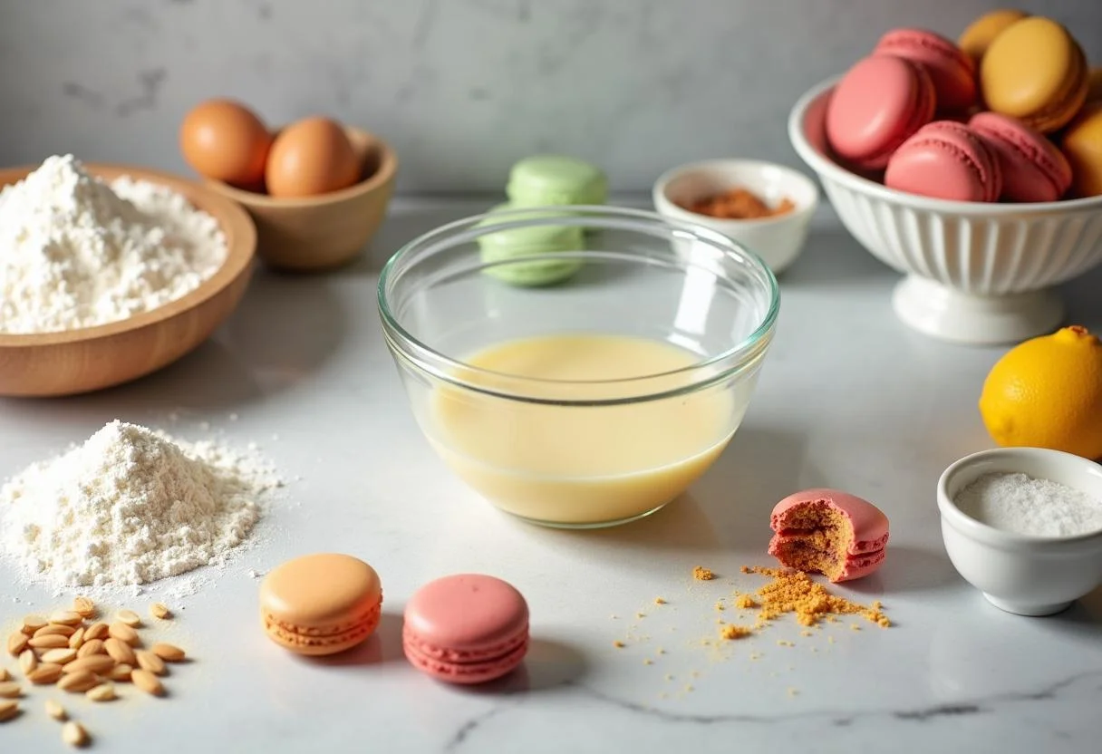 Preparing ingredients for Marvel Vision's Mind Stone Macarons with almond flour and colorful powdered sugar.