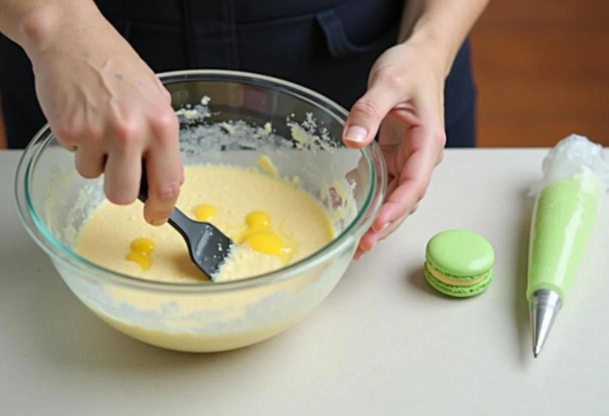 Folding egg whites into the green batter for Marvel Vision's Mind Stone Macarons, ready for piping.