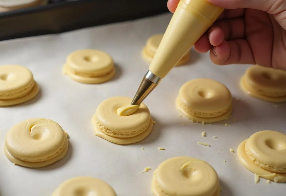 Piping green macaron shells on parchment paper for Marvel Vision's Mind Stone Macarons, creating an elegant design.