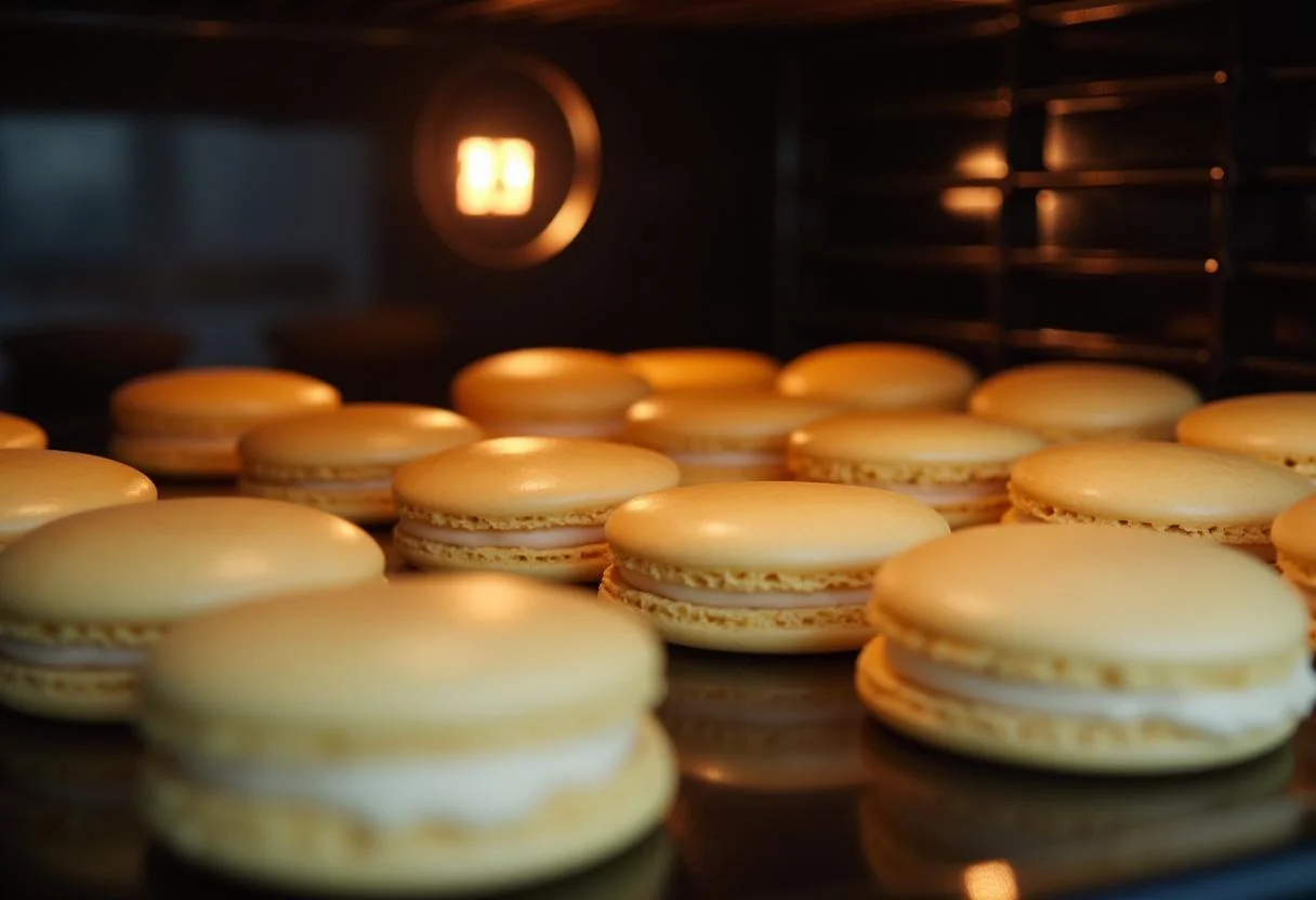 Baking macaron shells for Marvel Vision's Mind Stone Macarons, achieving a perfect rise in a warm oven.