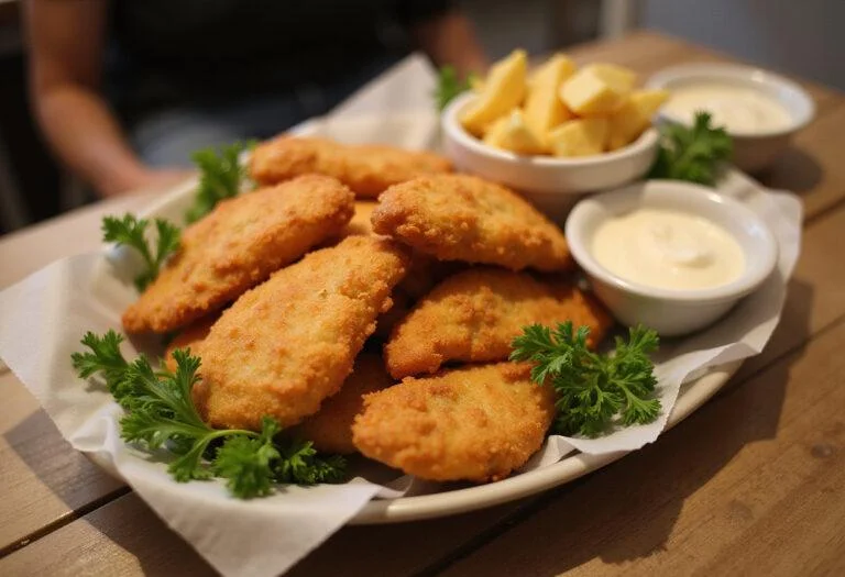 Delicious Marvel X-Men Wolverine's Claws Chicken Fingers presented on a platter with dipping sauce, showcasing their crispy texture.