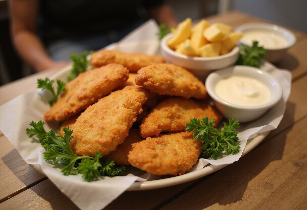 Delicious Marvel X-Men Wolverine's Claws Chicken Fingers presented on a platter with dipping sauce, showcasing their crispy texture.