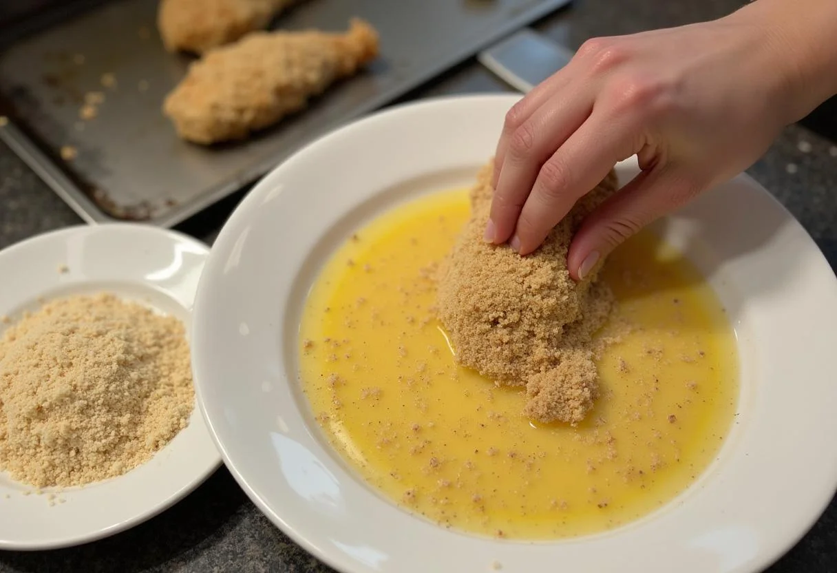 Coating chicken breast pieces for Marvel X-Men Wolverine's Claws Chicken Fingers in breadcrumb mixture for a crunchy texture.