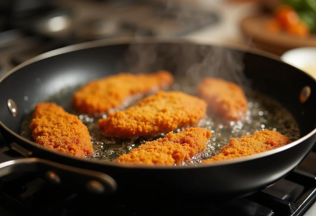 Frying the chicken fingers for Marvel X-Men Wolverine's Claws Chicken Fingers until crispy and cooked through in hot oil.