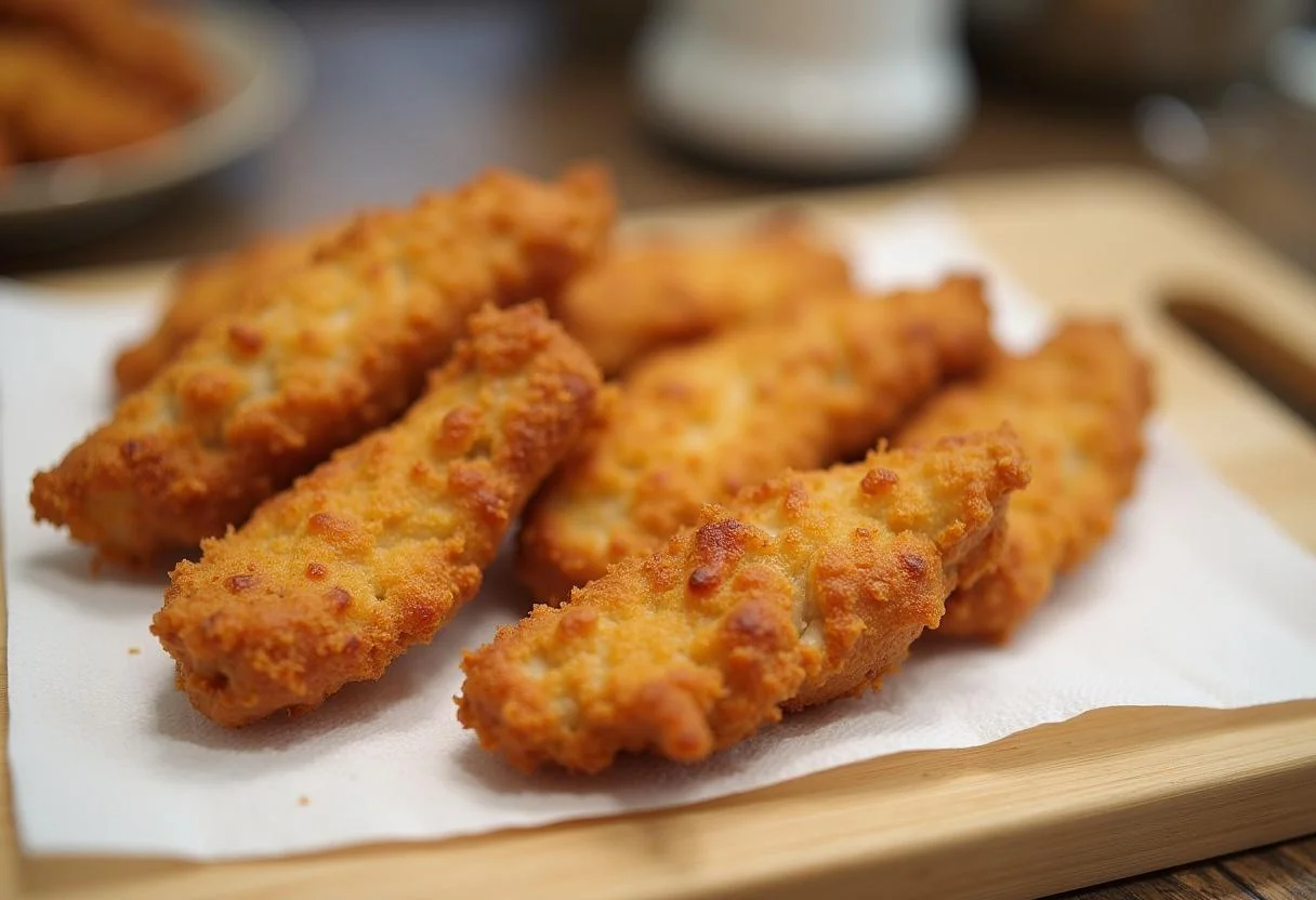 Draining and arranging crispy Marvel X-Men Wolverine's Claws Chicken Fingers on a cutting board after frying.