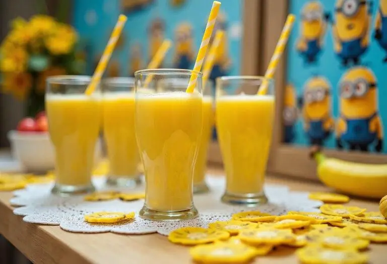 Final presentation of Minions Banana Blaster Smoothies in colorful glasses on a beautifully arranged table, perfect for a fun gathering.