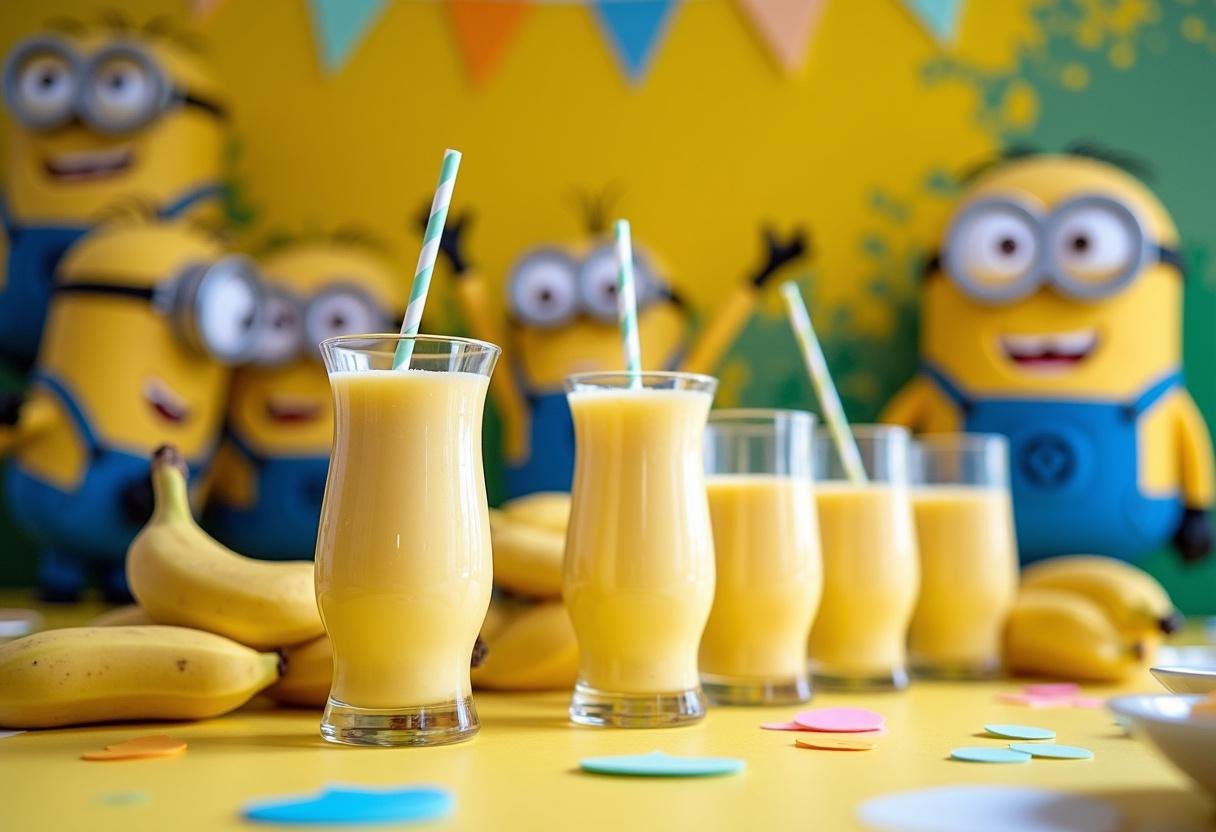 Final presentation of Minions Banana Blaster Smoothies in colorful glasses on a beautifully arranged table, perfect for a fun gathering.