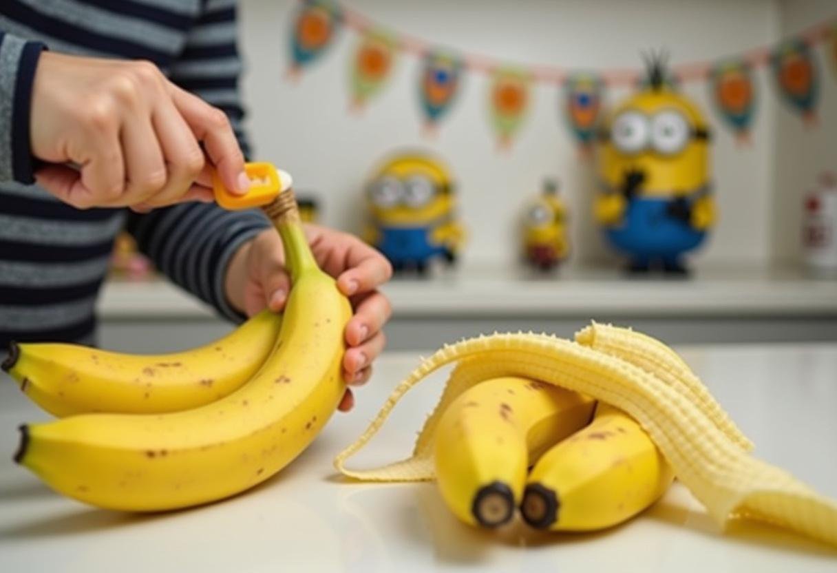 Minions Banana Blaster Smoothies preparation step with freshly peeled and sliced bananas on a bright kitchen countertop.