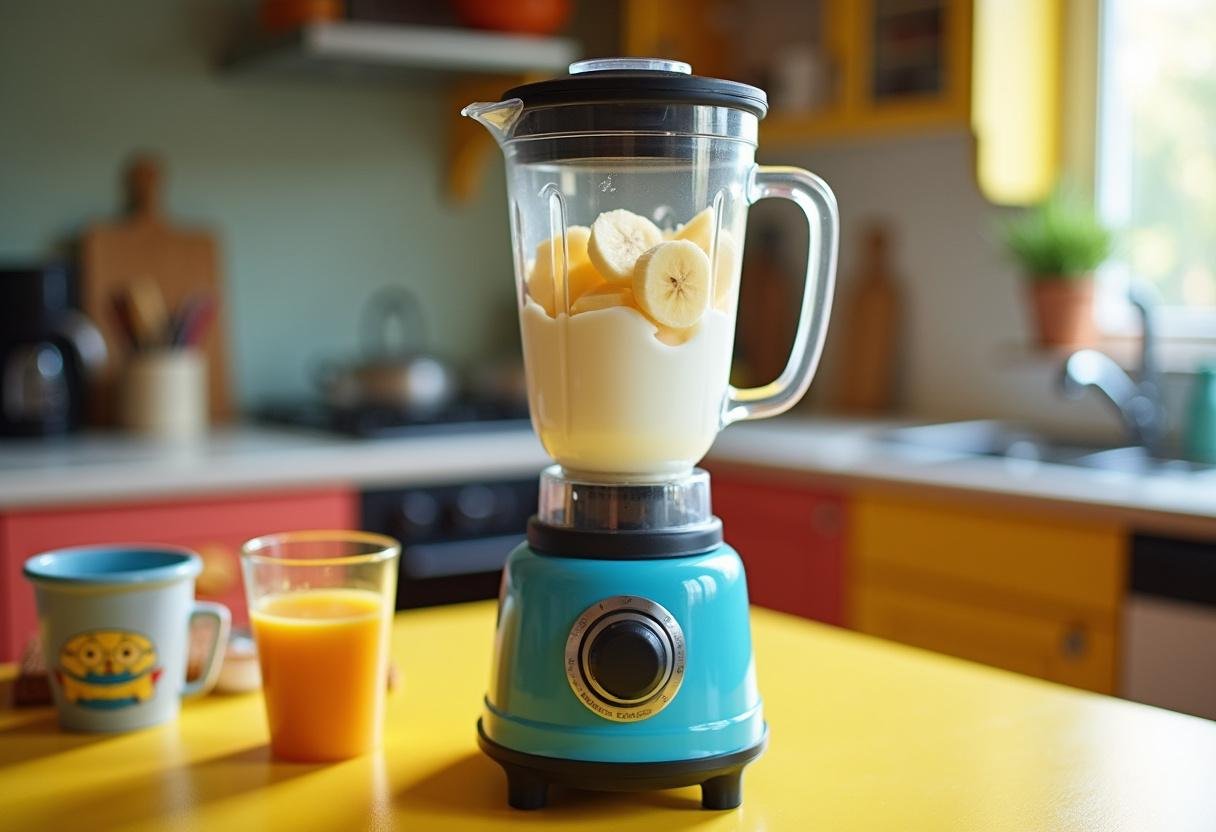 Creating Minions Banana Blaster Smoothies with a blender filled with banana slices, yogurt, and milk on a lively kitchen countertop.