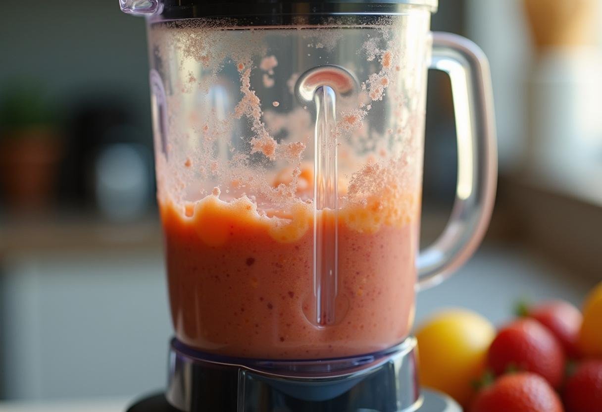 Blending process of Minions Banana Blaster Smoothies with a frothy mixture being created in a blender, showcasing the fun of smoothie making.