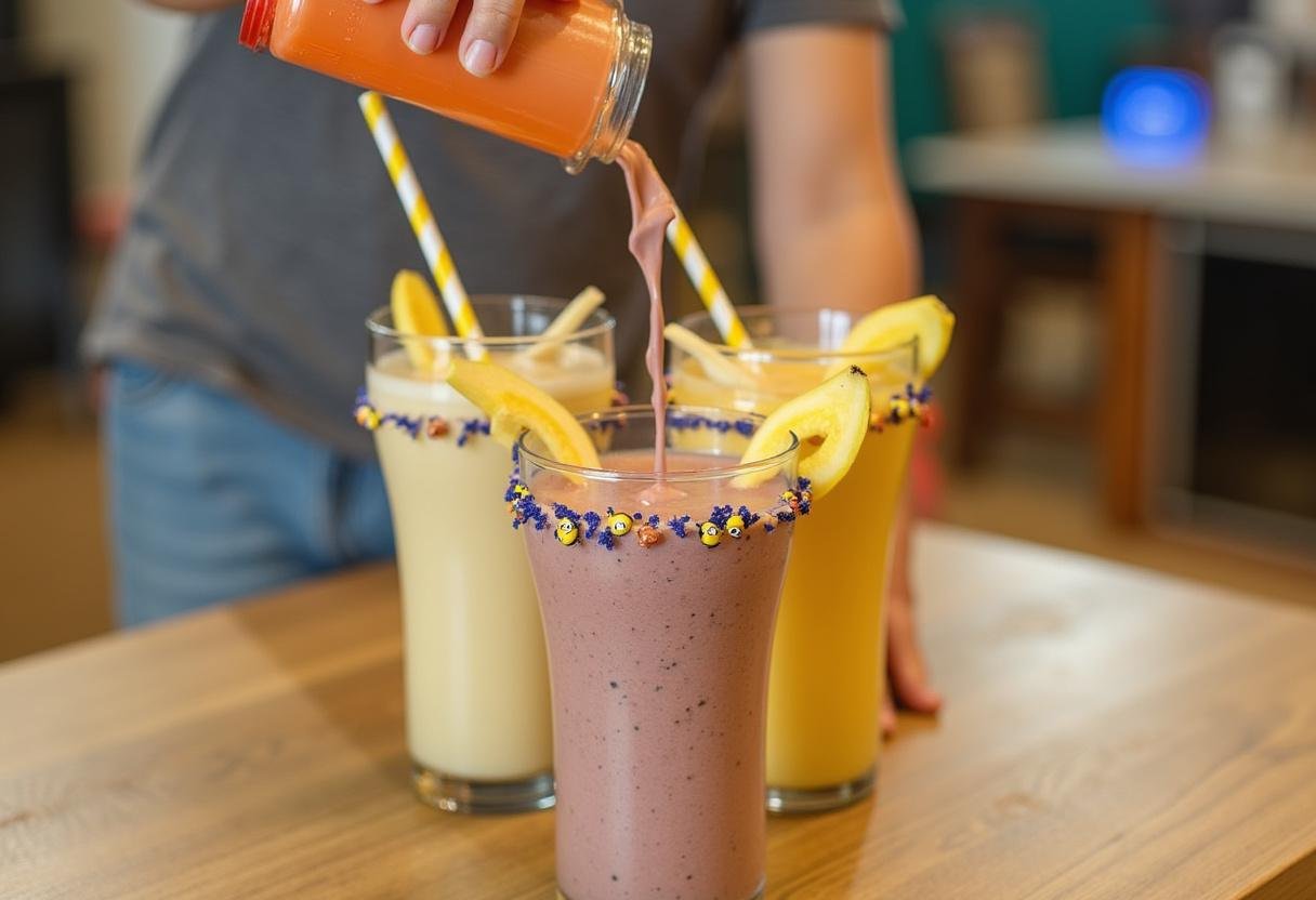 Serving Minions Banana Blaster Smoothies by pouring the frothy drink into colorful glasses with fun Minions-themed straws and banana garnishes.
