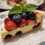 Deliciously presented Minions Bob's Bear Hug Berry Tart slice with fresh berries and mint on a plate.