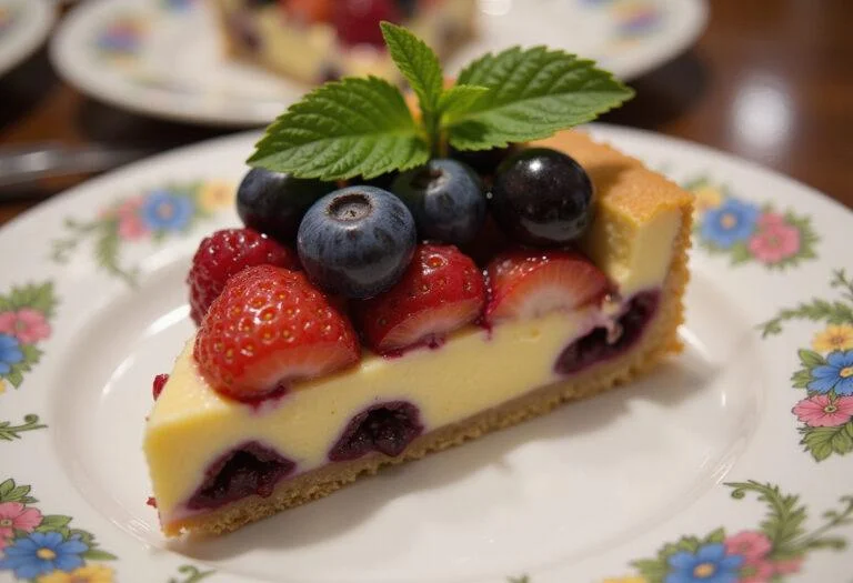 Deliciously presented Minions Bob's Bear Hug Berry Tart slice with fresh berries and mint on a plate.