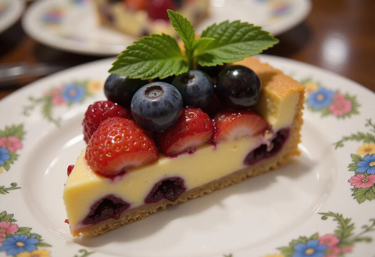 Deliciously presented Minions Bob's Bear Hug Berry Tart slice with fresh berries and mint on a plate.