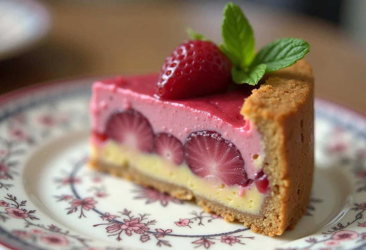 Deliciously presented Minions Bob's Bear Hug Berry Tart slice with fresh berries and mint on a plate.