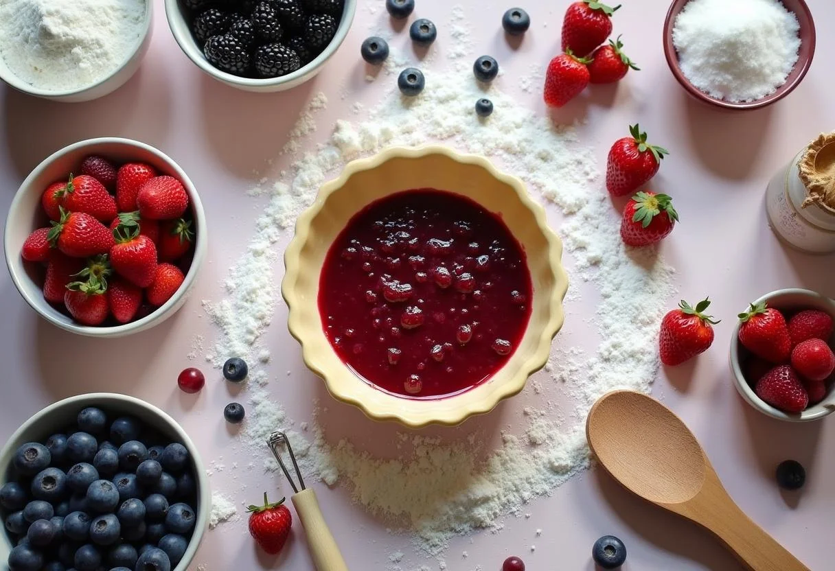Minions Bob's Bear Hug Berry Tart ingredients including fresh berries and sugar on a kitchen counter.