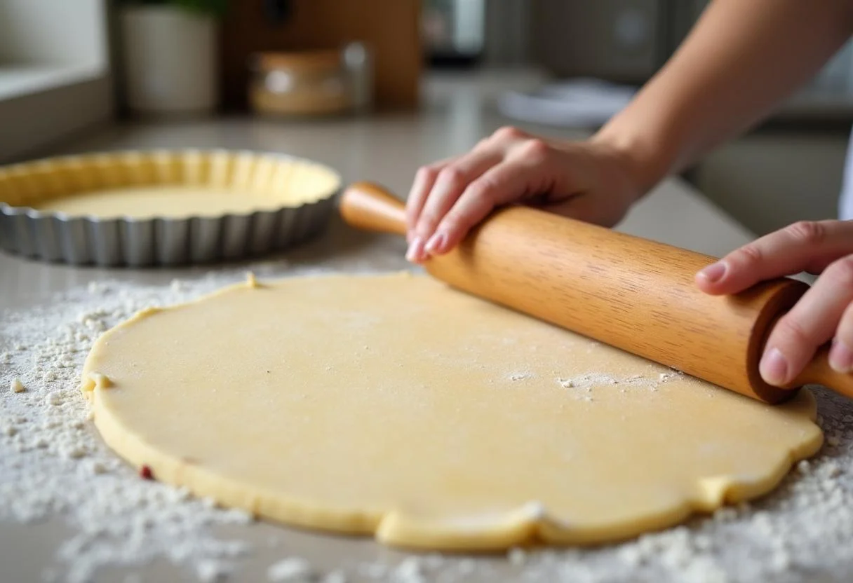 Preparing the crust for Minions Bob's Bear Hug Berry Tart with rolled out dough and tart pan.