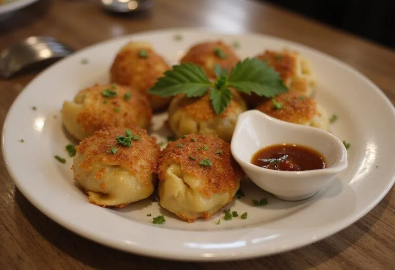A stunning plate of golden-brown Minions Dave's Delicious Dumplings, garnished and ready to serve, showcasing the final delicious result.