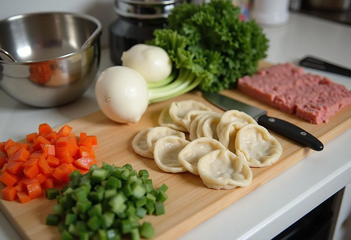 Fresh ingredients for Minions Dave's Delicious Dumplings on a kitchen countertop, showcasing vibrant vegetables and meat ready for preparation.