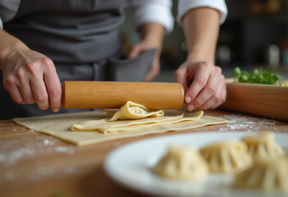 A chef wrapping Minions Dave's Delicious Dumplings with precision, showcasing the artistry of dumpling making.