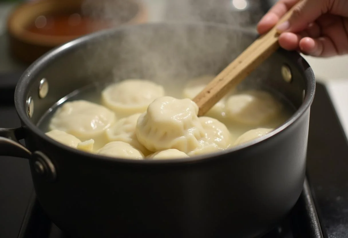 Dumplings being boiled in a pot on the stove, with steam rising, demonstrating a vital step in preparing Minions Dave's Delicious Dumplings.