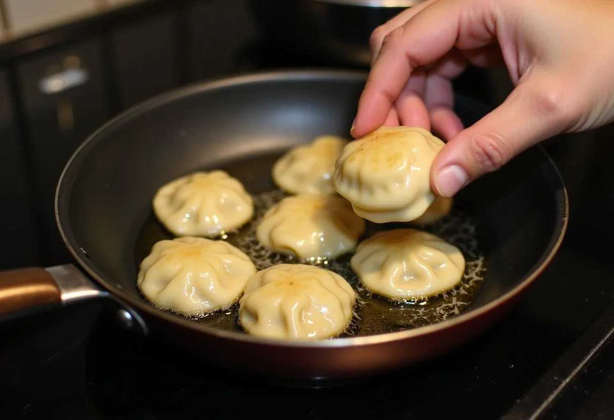 A frying pan with oil heating up in preparation to pan-fry Minions Dave's Delicious Dumplings, capturing the cooking process.