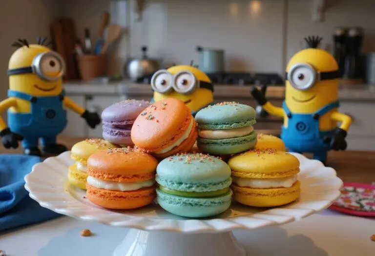 Beautifully arranged Minions Dr. Nefario's Mad Scientist Macarons on a cake stand in a colorful kitchen setting.