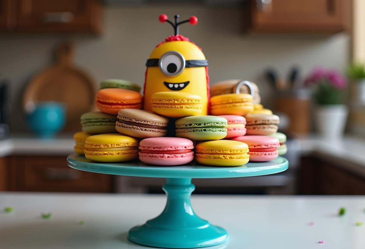 Beautifully arranged Minions Dr. Nefario's Mad Scientist Macarons on a cake stand in a colorful kitchen setting.