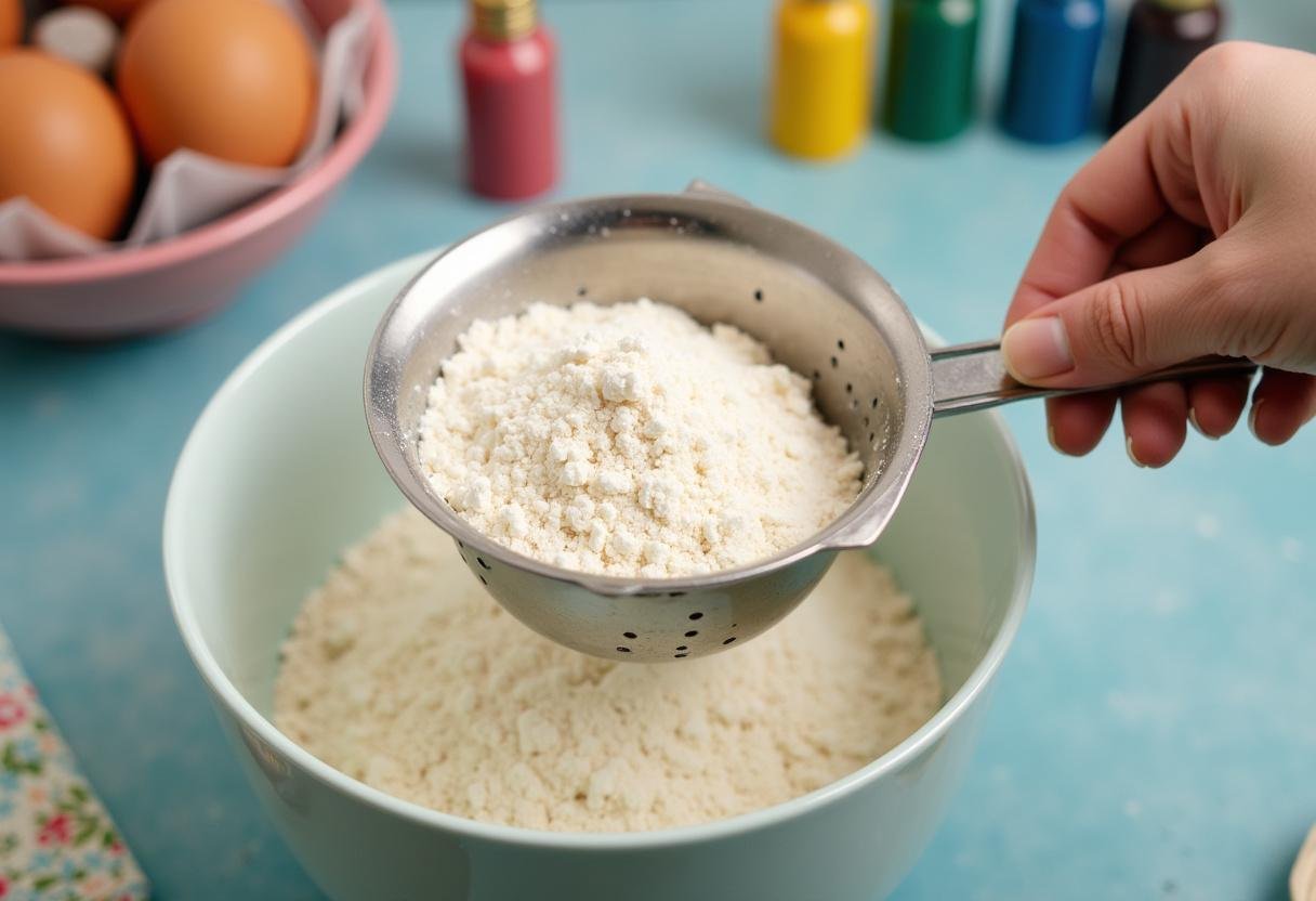 Sifting almond flour and confectioners' sugar for Minions Dr. Nefario's Mad Scientist Macarons on a colorful kitchen counter.